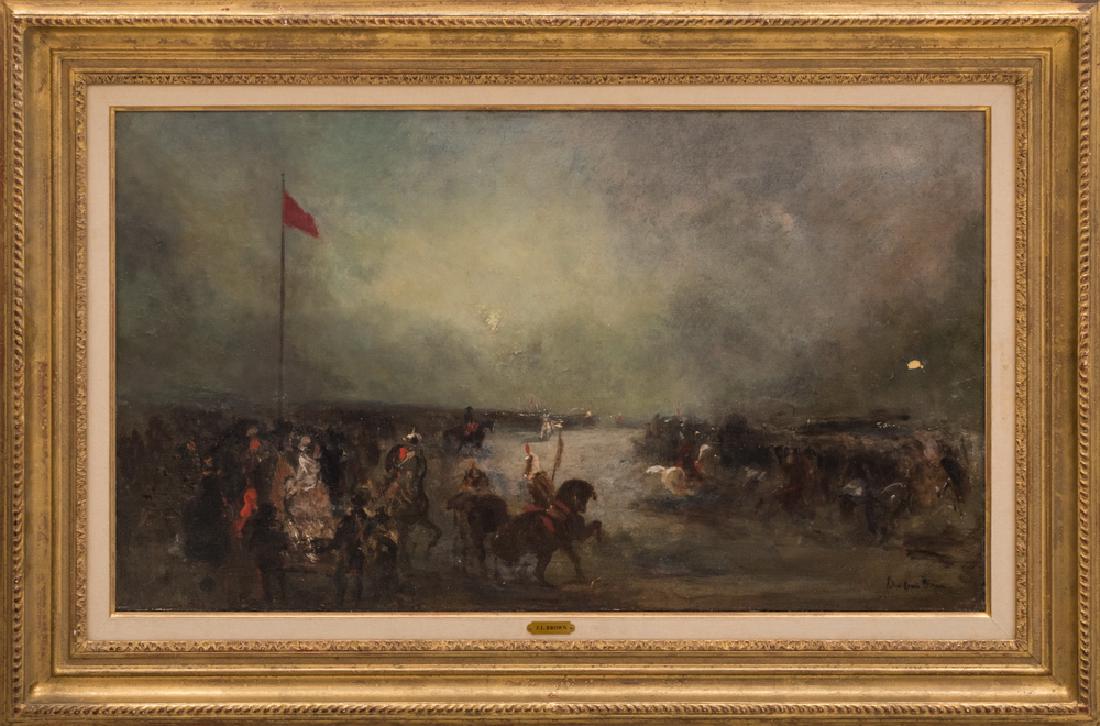 JOHN LEWIS BROWN: "REVUE DE CALAVARIE": oil on panel signed lower right Provenance: Loiseau, Schmitz, Digard: March 2, 1997 Condition: minor paint loss to middle right of painting 32 1/2 x 19 inches
