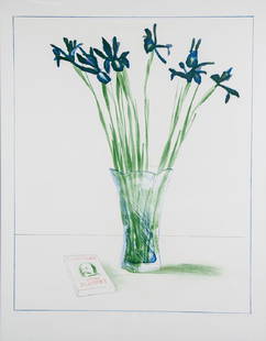 DAVID HOCKNEY: "STILL LIFE WITH BOOK": circa 1973; B. 1937 lithograph in color signed and dated lower right, artist's proof X Condition: with creasing to left of vase image size 27 x 21 3/4 inches