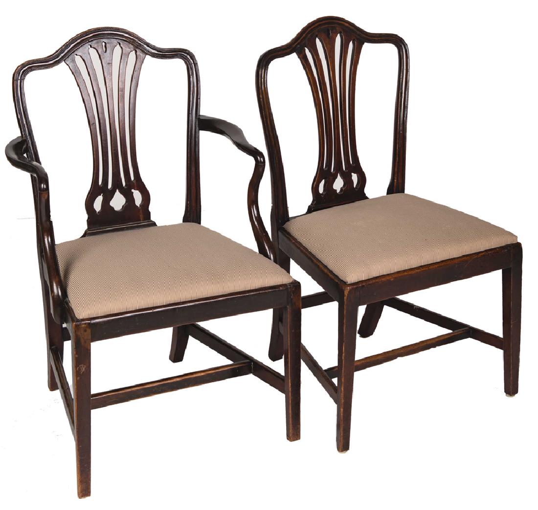 SEVEN HEPPLEWHITE-STYLE MAHOGANY DINING CHAIRS: armchairs measuring 21 1/2 inches wide; 18 1/2 inches deep; 36 inches high