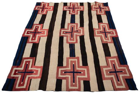 NAVAJO THIRD PHASE CHIEF'S BLANKET: worked in white, red, and black wool with indigo stripes 5 feet 10 inches x 4 feet 6 inches