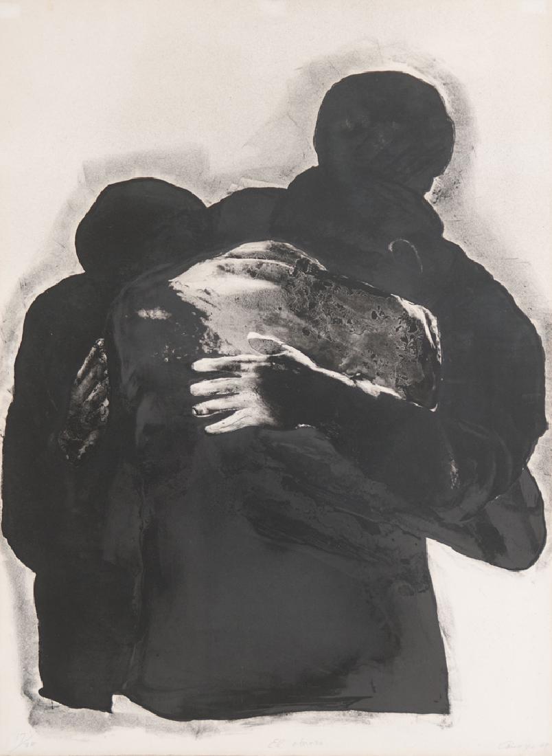 RAFAEL CANOGAR: "EL ABRAZO": circa 1969 black & white lithograph, ed. 17/20 lower left, signed and dated lower right with paper embossment lower the image: 30 x 22 inches; with frame: 39 3/4 x 20 inches