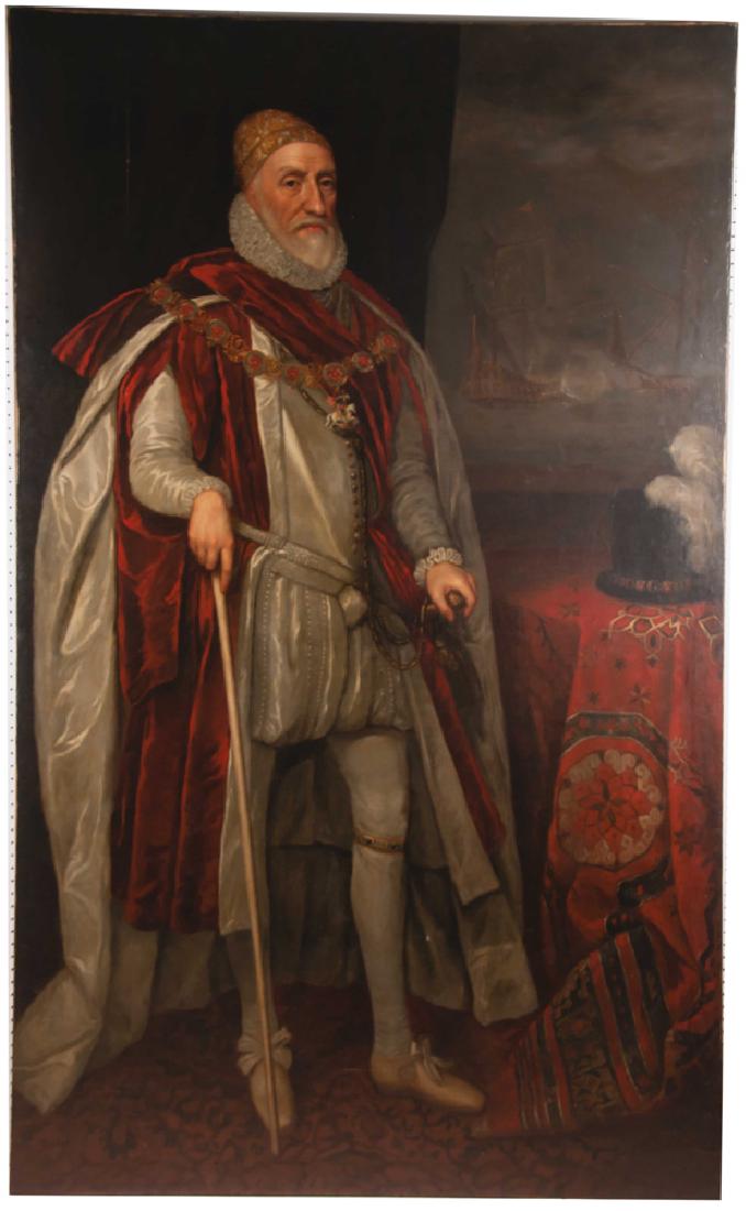 AFTER DANIEL MYTENS THE ELDER: "LORD ADMIRAL CHARLES": oil on canvas; full title "Lord Admiral Charles, Lord Howard of Effingham" Provenance: with label from Los Angeles County Museum of Art, gift of Philip Yordan 87 x 54 inches