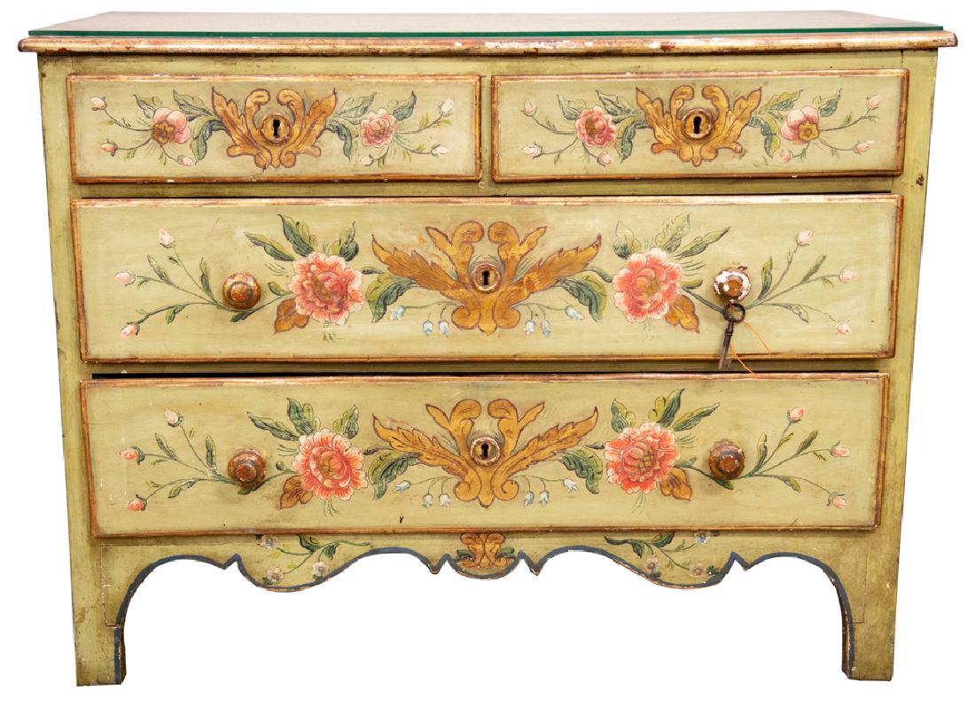SPANISH PAINTED & PARCEL GILT CHEST OF DRAWERS: Condition: with loss of gilding on rim and handles Note: with copy of receipt from the Spanish Antique Shop, Montllor Brothers, New York 41 inches wide; 18 inches deep; 31 inches high