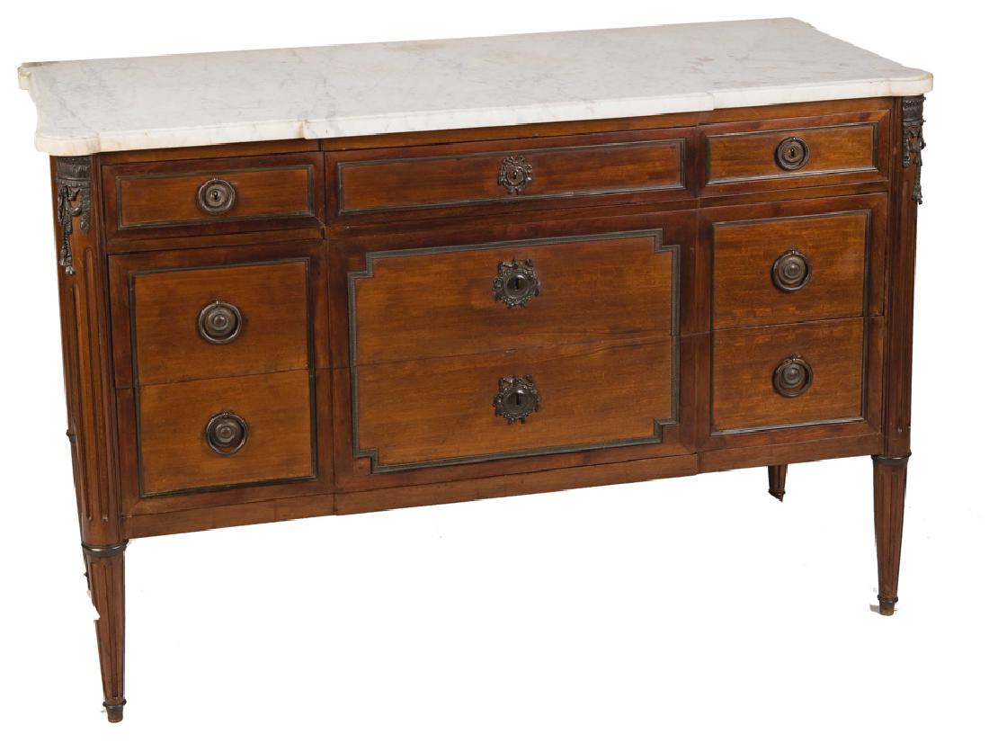 LOUIS XVI STYLE WALNUT AND MARBLE TOP COMMODE: 52 1/2 inches wide; 21 3/4 inches deep; 34 3/4 inches high