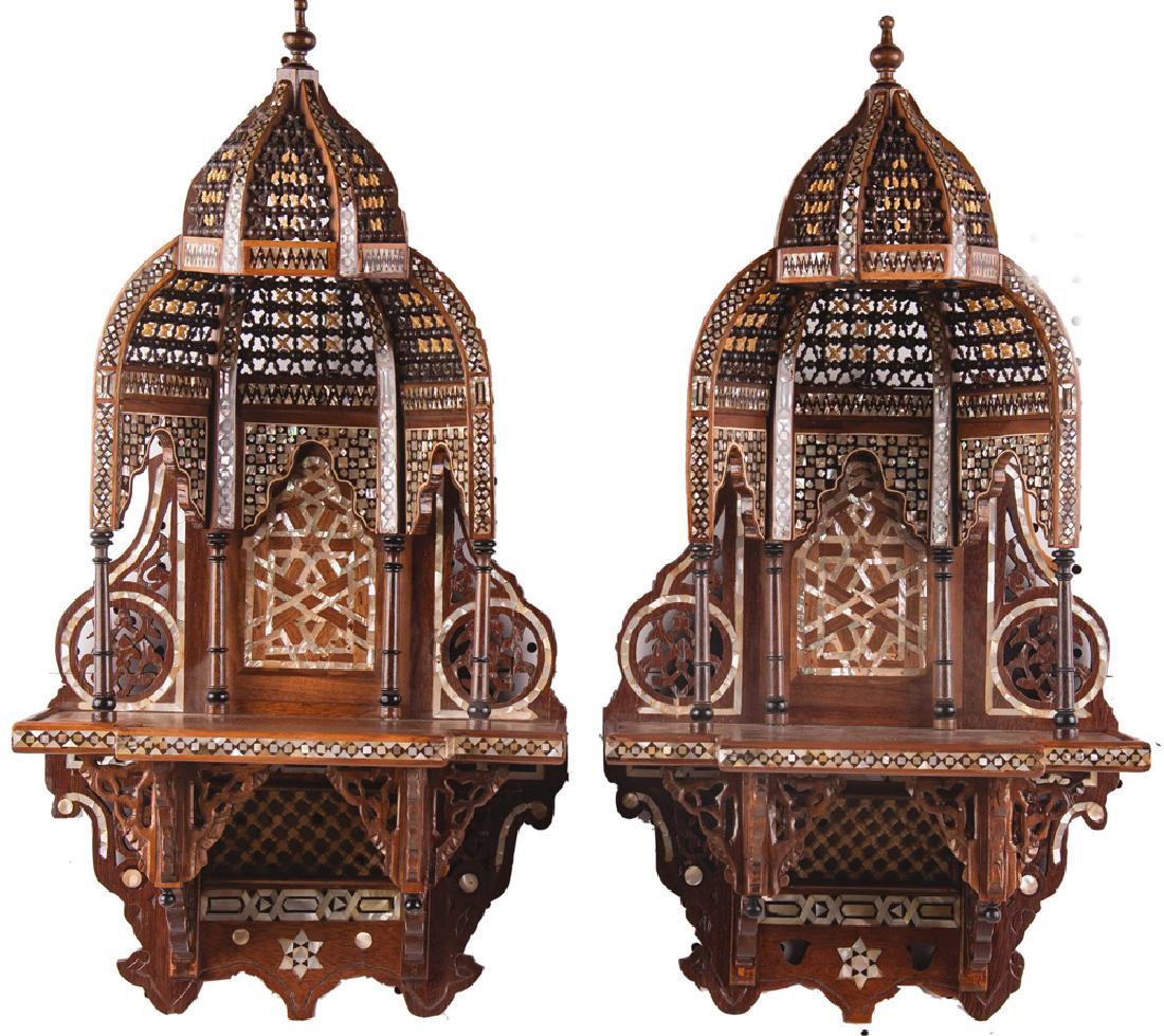 PAIR OF MOORISH INLAID WOOD BRACKETS: each in the form of an Arabesque niche 12 1/2 inches wide; 5 1/2 inches deep; 23 inches tall