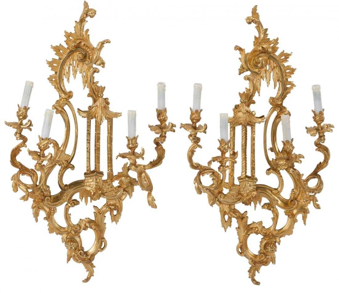 PAIR OF MIRRORED ROCOCO STYLE GILT BRONZE SCONCES (1 of 10)