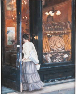 VINCENT GIARRANO: "LA BOULANGERIE": oil on canvas signed lower right 30 x 24 inches