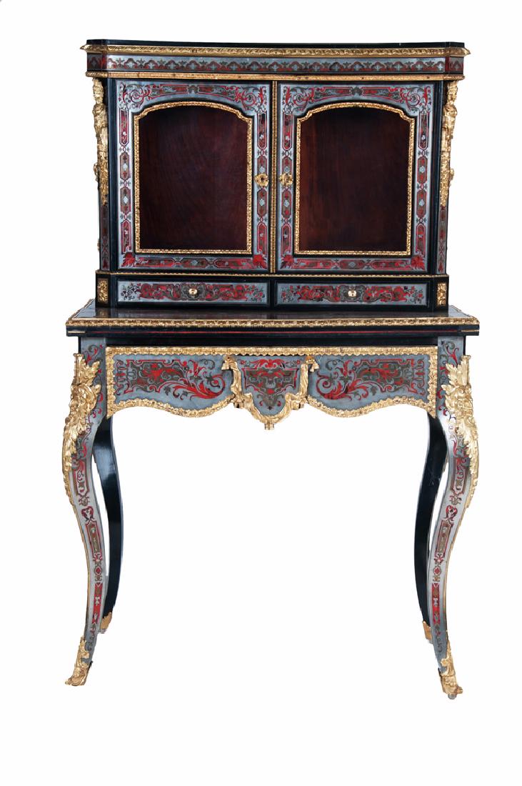 FRENCH BOULLE INLAID LADY'S DESK: the hinged flip top opens to reveal a tooled leather writing surface 34 inches wide; 21 1/2 inches deep; 52 inches high