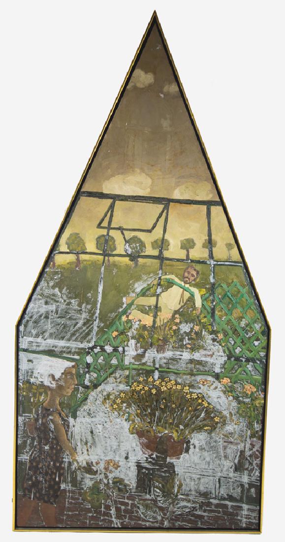 ANTHONY GREEN: "MARGARET IN HER GREENHOUSE": circa 1965 oil on Masonite (a shaped support with pointed arch) Provenance: Juda Roman Gallery, London 72 x 36 inches