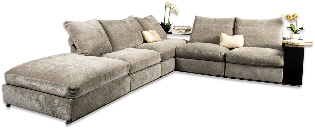 ANTONIO CITTERIO: GROUNDPIECE SECTIONAL SOFA: Groundpiece sectional sofa system designed by Antonio Citterio for Flexform Chenille, Leather Two black saddle leather bookcases; warm gray removable upholstery; each piece connects and locks in place