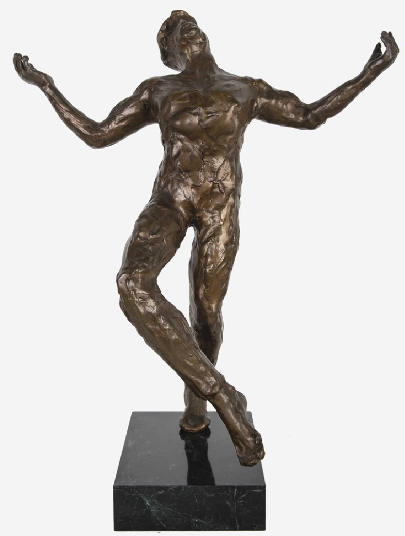 ANTHONY QUINN: "STANDING MALE FIGURE": circa 1984 bronze with brown patina inscribed and dated in casting 21 1/2 inches high; 23 1/2 total inches high
