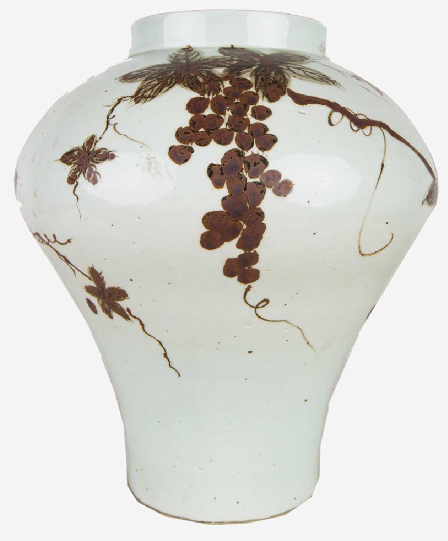 KOREAN BROWN & WHITE GLAZED CERAMIC JAR: 14 1/2 inches high