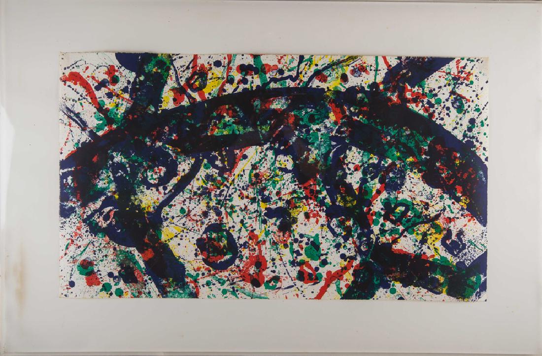 SAM FRANCIS: "UNTITLED": Circa 1974; Lembark, 172 Offset lithograph printed in colors on Rives BFK paper Signed and numbered 35/100 Condition: Floating in frame, taped at edges 22 1/4 x 39 inches; sight: 23 x 29 inches