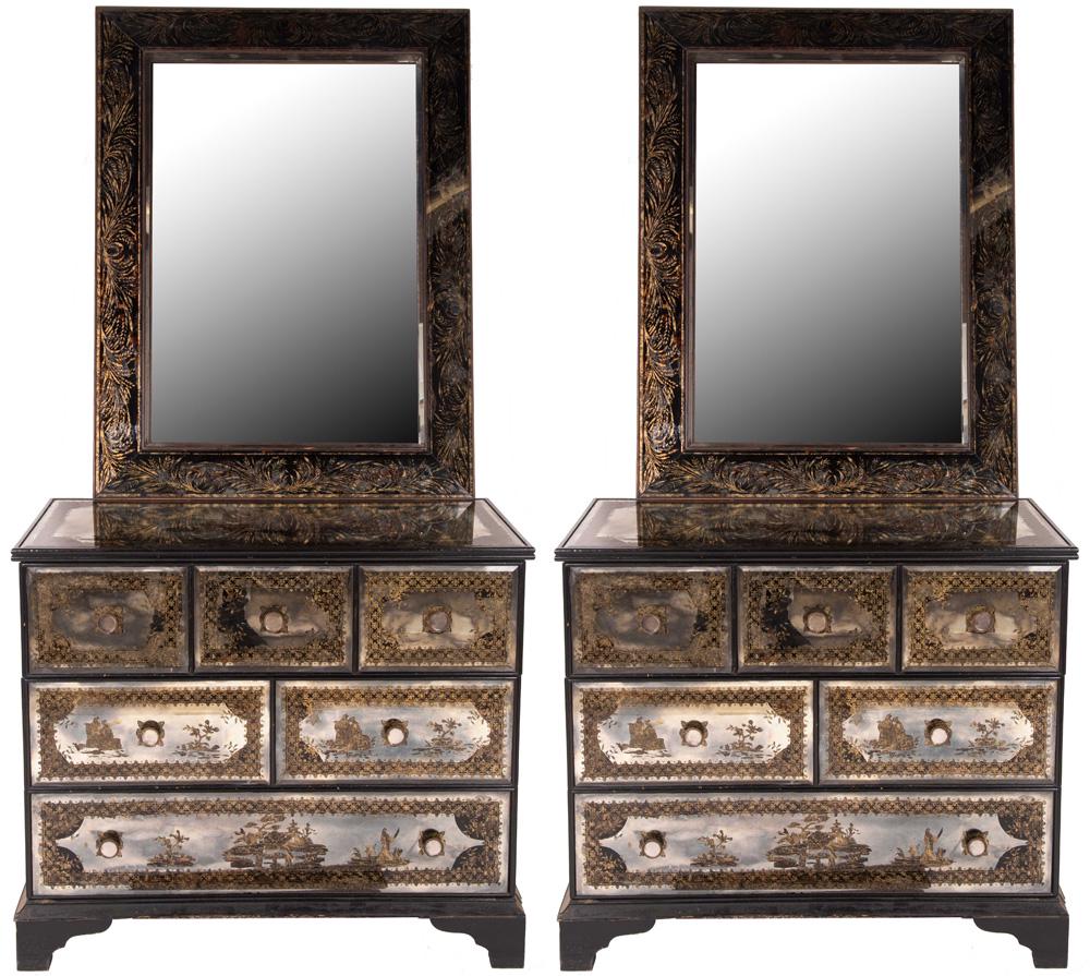 PAIR OF CHINOISERIE MIRRORED COMMODES WITH MIRRORS: Note: the commodes having different hardware the commodes: 37 1/4 inches wide; 18 1/2 inches deep; 32 1/4 inches high; the mirrors, 42 1/2 x 32 1/2 inches