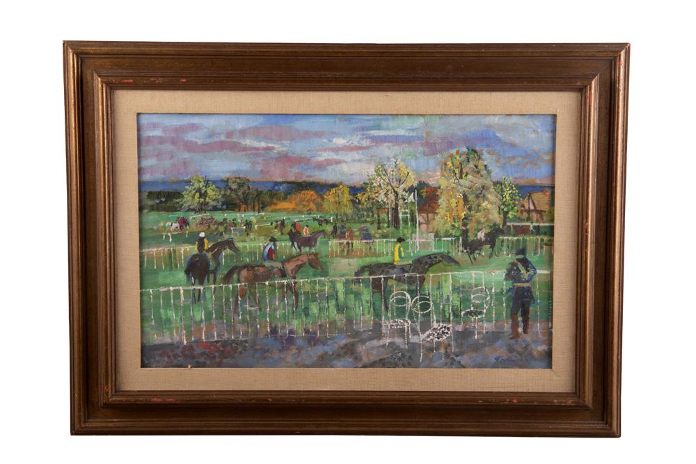 EMILIO GRAU-SALA: "COURSES": circa 1969 oil on panel signed lower right, dated and titled verso 15 1/2 x 24 1/2 inches