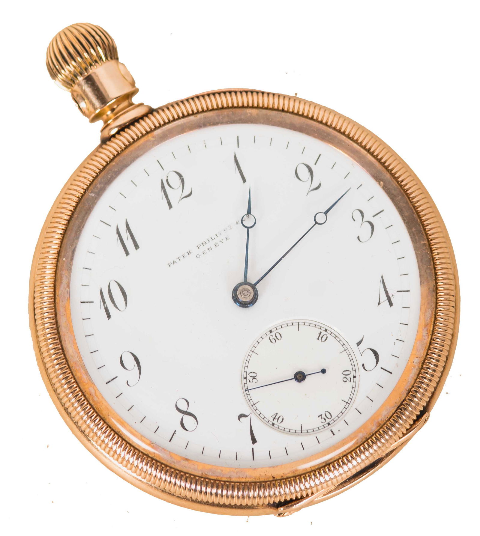 PATEK PHILIPPE 14 KARAT POCKET WATCH: case stamped 14 k and '84784'; with a round white porcelain dial, signed 'Patek Philippe' and 'Geneve' under the 12:00 position; movement stamped 'Patek Philippe', 'Geneva', 'No. 94940', 'C.S. Ball',