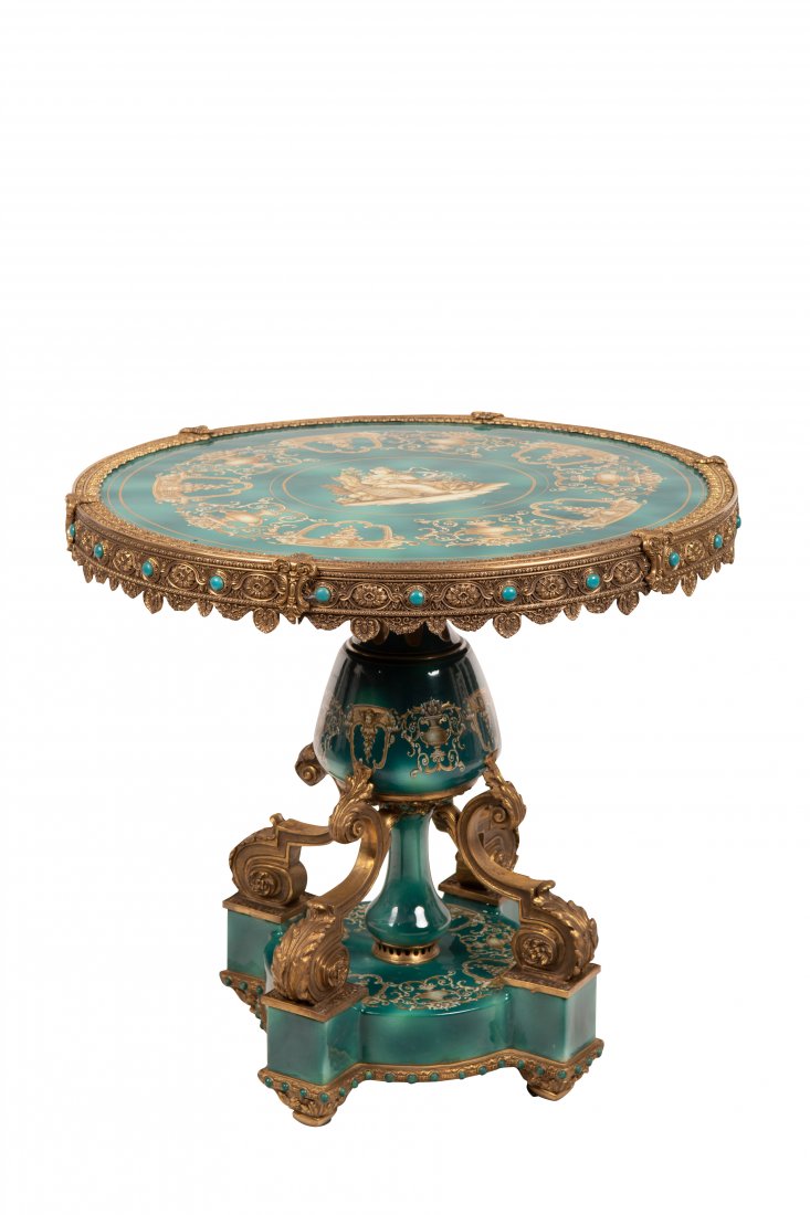 LOUIS XV STYLE GILT BRONZE & PORCELAIN GUERIDON: 33 inches diameter; 31 inches high
