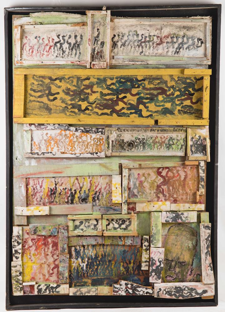 PURVIS YOUNG: "UNTITLED": mixed media on found wood 48 x 70 inches