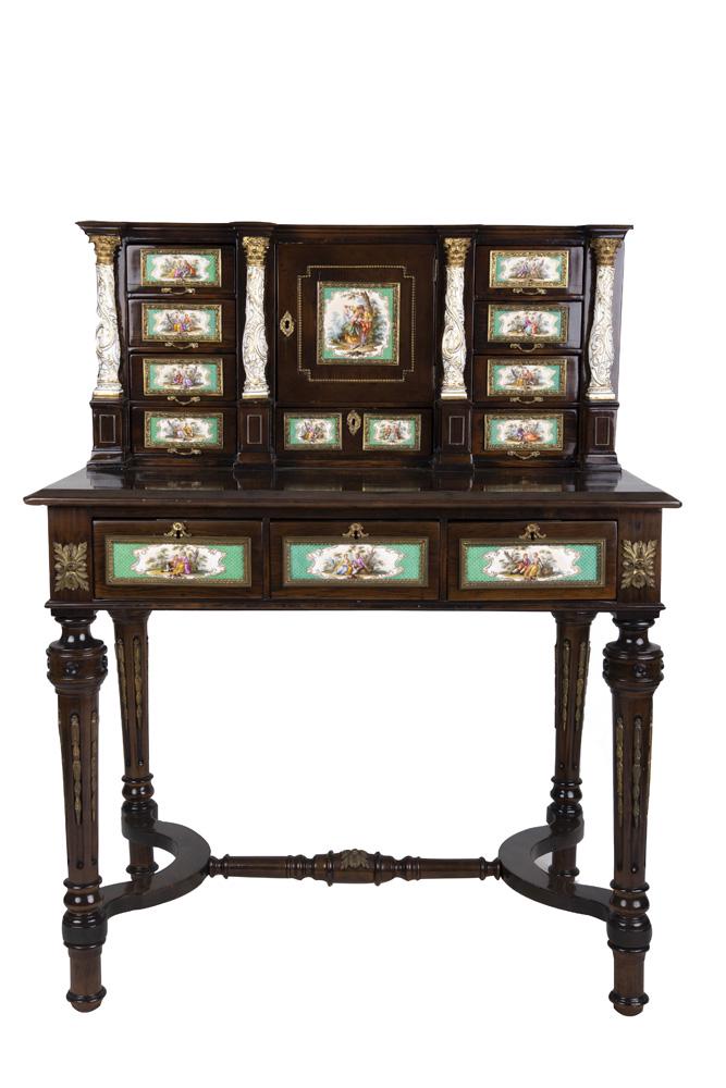 NAPOLEON III EBONIZED, PORCELAIN, & ORMOLU MOUNTED: the porcelain in the Sevres style 37 inches wide; 25 inches deep; 47 1/4 inches high