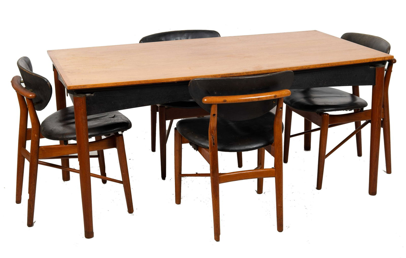 FINN JUHL DINING TABLE & FOUR CHAIRS: the chairs signed N. Vodder and branded 'NIELS VODDER CABINETMAKER COPENHAGEN DENMARK DESIGN FINN JUHL' Provenance: The Estate of Mario Zamparelli 60 inches wide; 36 inches deep; 28 inches high