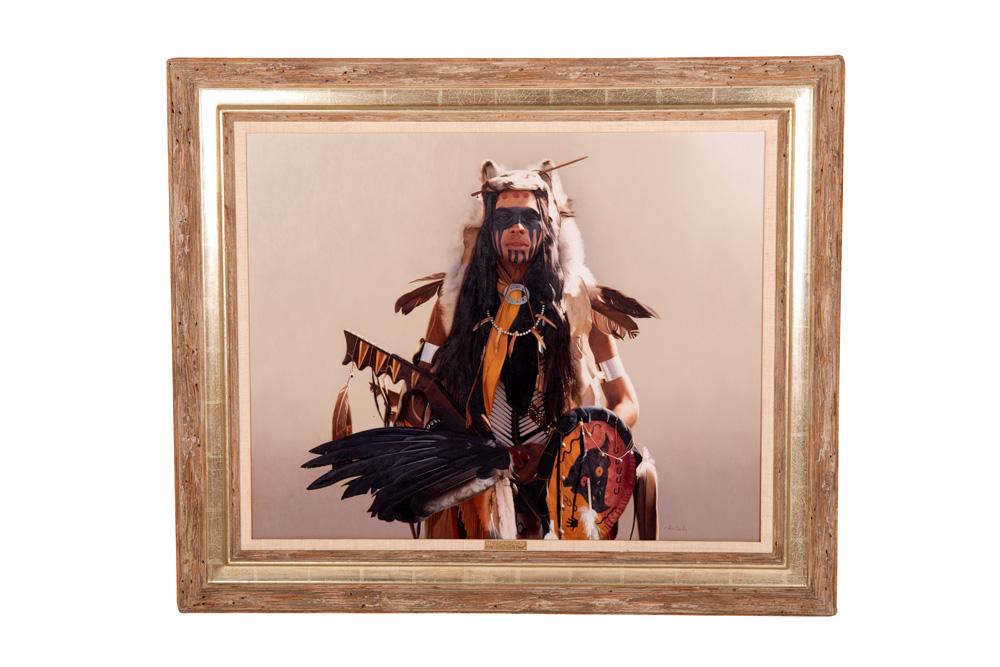 DON CROWLEY: "COMMANCHE TRADITIONAL": oil on masonite signed lower right and titled verso 24 x 30 inches