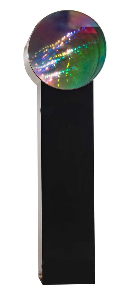 ROUND DICHROIC GLASS SCULPTURE ON STAND: Provenance: The Estate of Mario Zamparelli 18 inches diameter; 12 inches deep; 63 1/2 total inches high