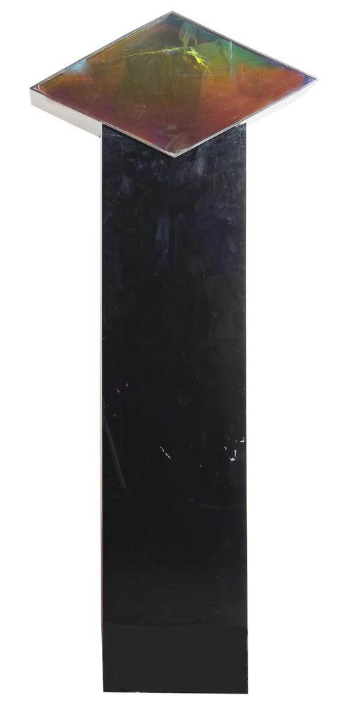 DIAMOND SHAPE DICHROIC GLASS SCULPTURE ON STAND: Provenance: The Estate of Mario Zamparelli Condition: with three inch crack to right side of glass 24 inches wide; 12 inches deep; 12 inches high; 57 total inches high