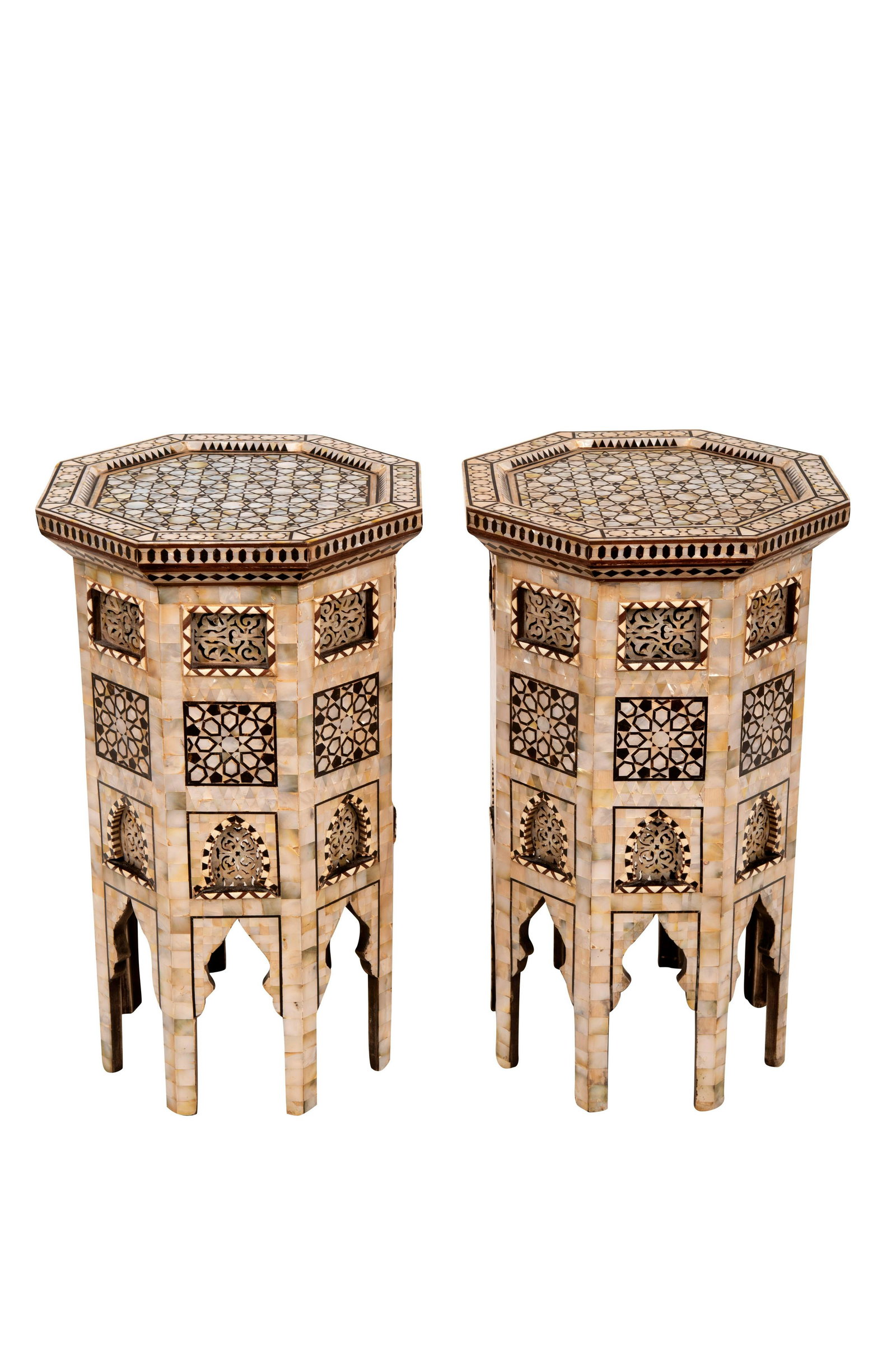 PAIR OF MOORISH STYLE INLAID OCTAGONAL TABLES: 16 3/4 inches wide; 28 1/4 inches high