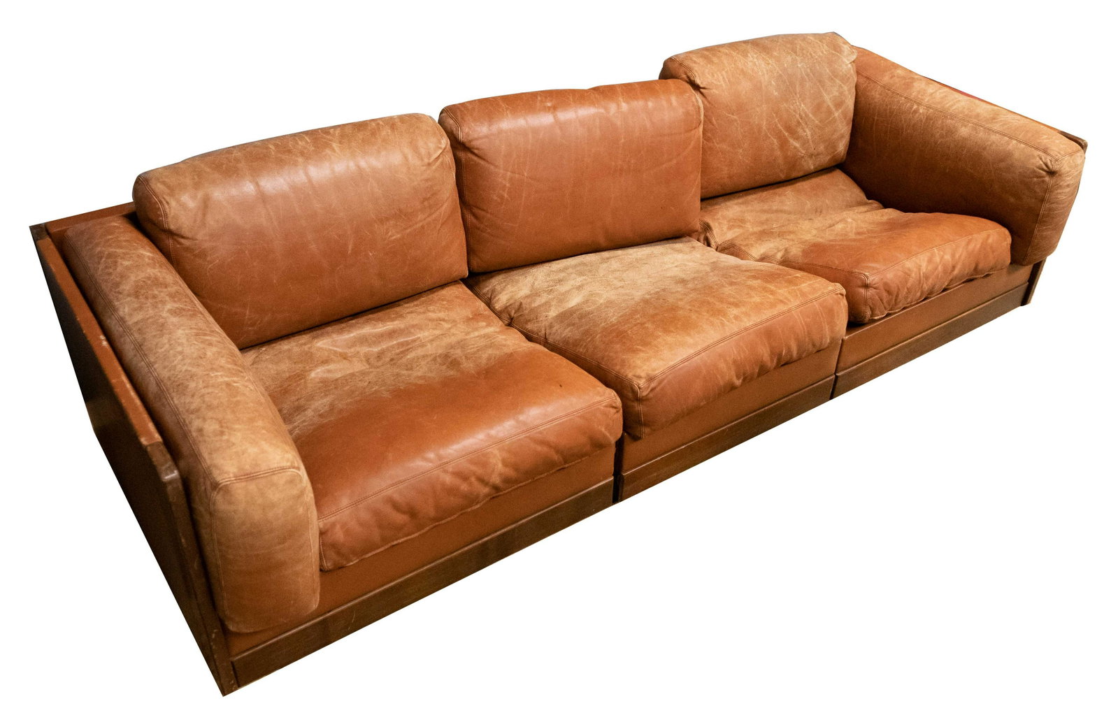 TOBIA SCARPA SOFA: in three sections Provenance: The Estate of Mario Zamparelli Condition: leather in need of repair or replacement 80 inches wide; 29 1/2 inches dep; 20 3/4 inches high