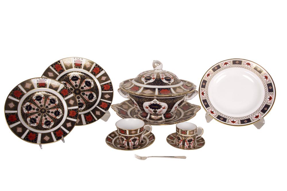 SET OF ROYAL CROWN DERBY DINNERWARE: 'Old Imari' pattern comprising 12 dinner plates (10 1/2 inches diameter), 12 decorated service plates (10 1/2 inches diameter), 20 lunch plates (8 1/2 inches diameter), one large covered tureen and un