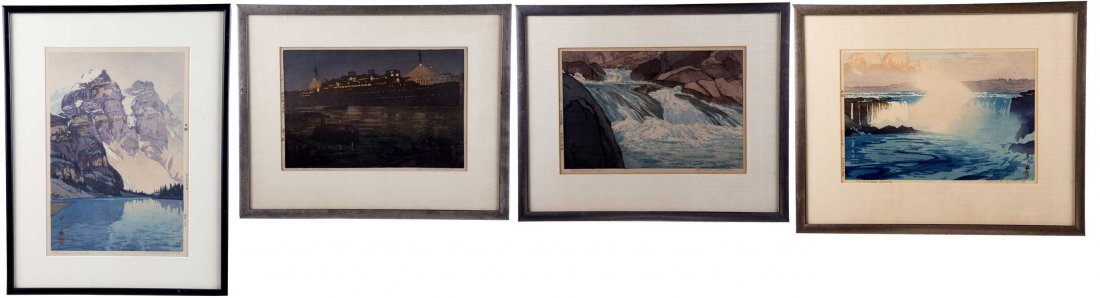 HIROSHI YOSHIDA: SET OF FOUR WOODBLOCK LANDSCAPE PRINTS: each signed, titled, and with seals "Moraine Lake" 15 1/4 x 10 1/2 inches "Niagara Falls" 10 1/2 x 15 inches "Night in the Harbor" 10 x 15 inches "Nakabusa River" 10 1/4 x 15 inches Provenance: The Es