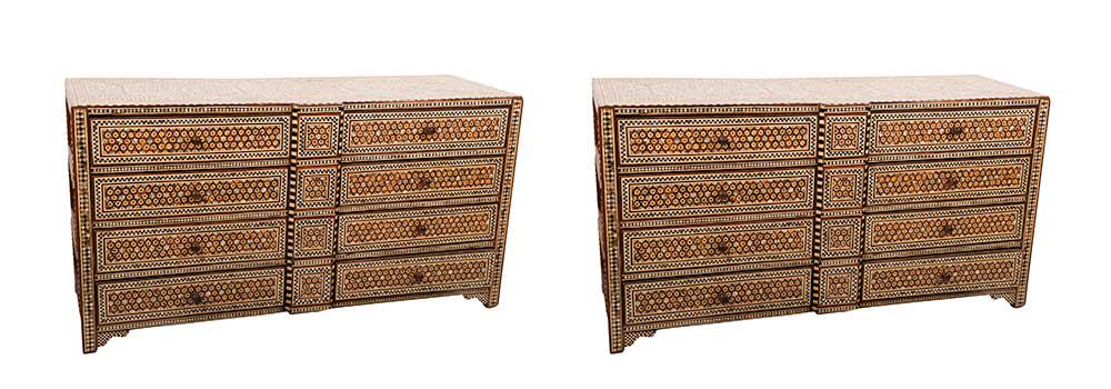 PAIR OF MOORISH STYLE INLAID COMMODES: 59 inches wide; 19 1/2 inches deep; 31 1/4 inches high
