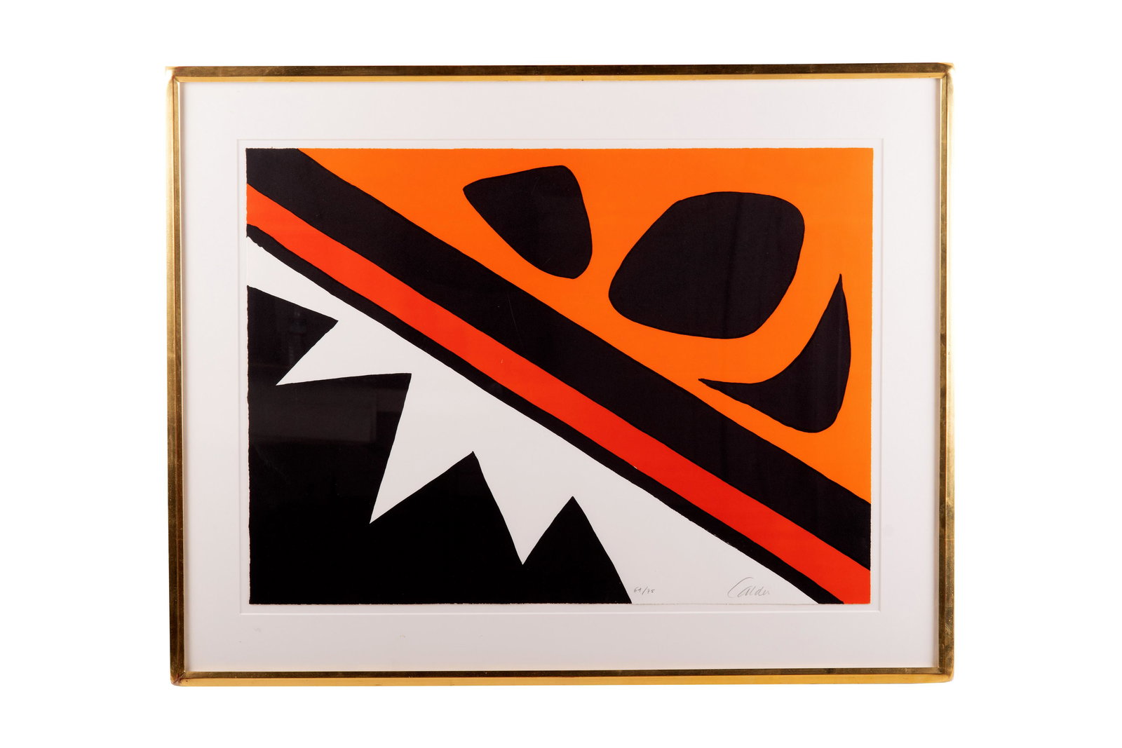ALEXANDER CALDER: "LA GRENOUILLE ET LA SCIE": circa 1974 lithograph in color signed lower right and numbered 61/75 frame size 29 3/4 x 37 3/4 inches, image floating under frame paper size 21 3/4 x 29 3/4 inches