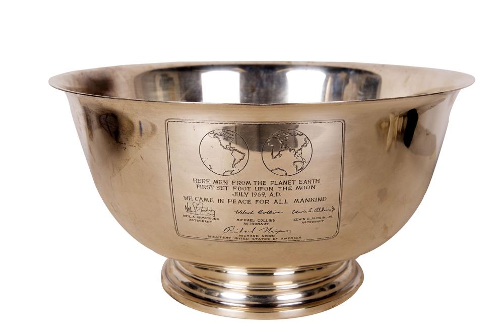 NASA APOLLO 11 STERLING TROPHY "MAN ON THE MOON": inscribed "HERE MEN FROM THE PLANET EARTH FIRST SET FOOT UPON THE MOON JULY 1969, A.D. WE CAME IN PEACE FOR ALL MANKIND" Astronauts Neil A. Armstrong, Michael Collins, Edwin E. Aldrin, Jr and The Pres