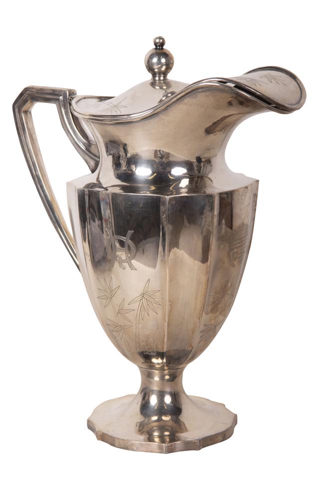 CHINESE STERLING COVERED PITCHER: initialed QH in ligature with an etched bamboo design 34 troy ounces Provenance: The Estate of Thomas Otten Paine 12 1/2 inches high