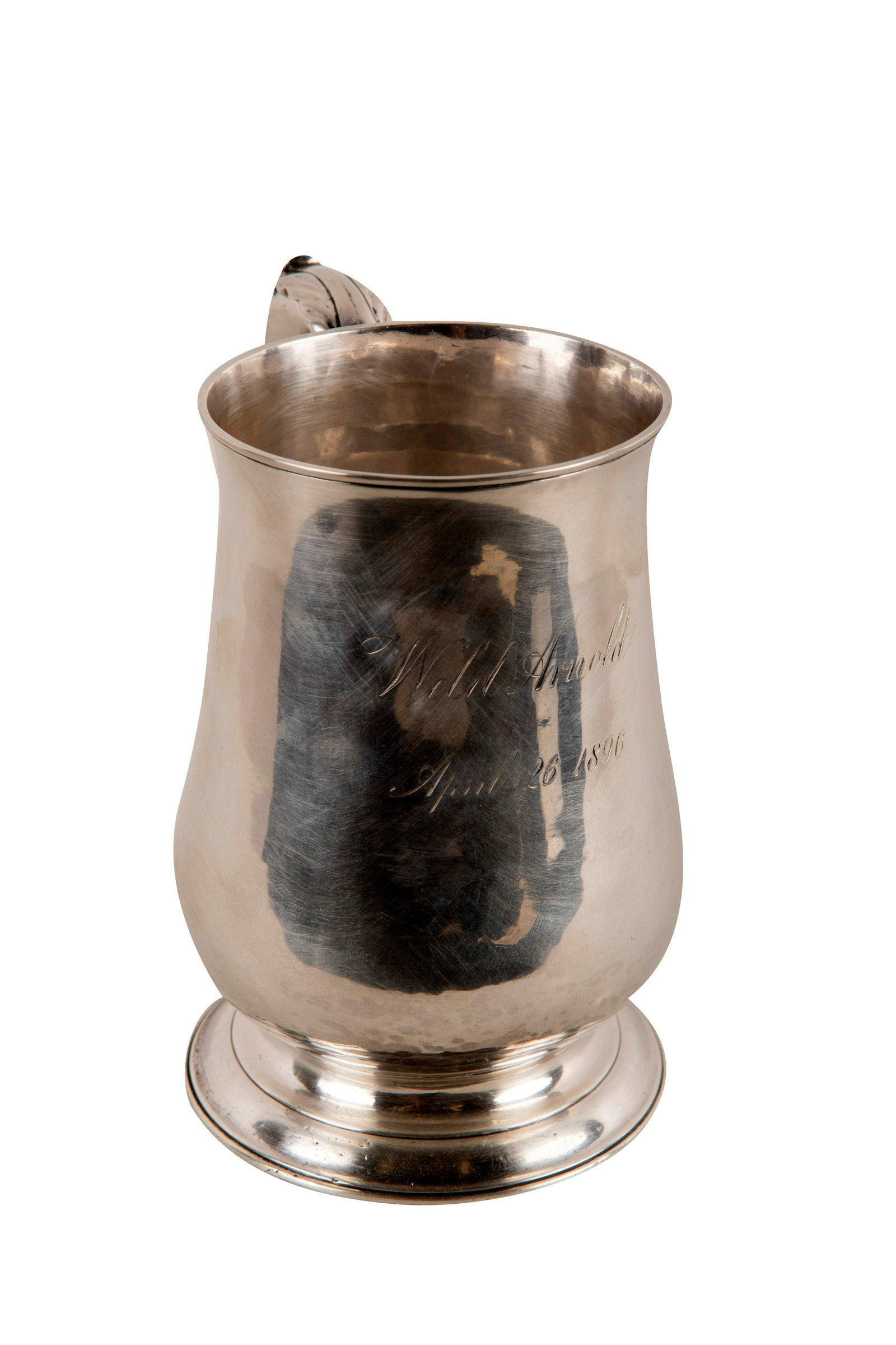 AMERICAN SILVER TANKARD: possibly Van Vorhees 18th century New York inscribed "Weld Arnold/April 26, 1896" on body 12 troy ounces 5 1/2 inches high