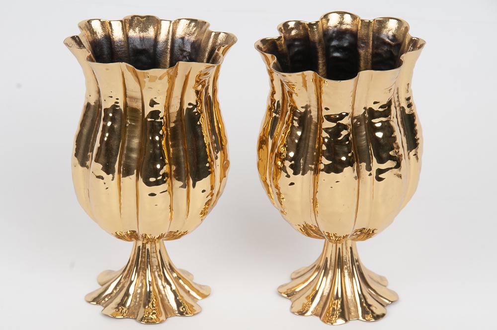 PAIR OF JOSEF HOFFMAN STYLE AUSTRIAN GILT COPPER VASES: 6 1/2 inches high; not marked