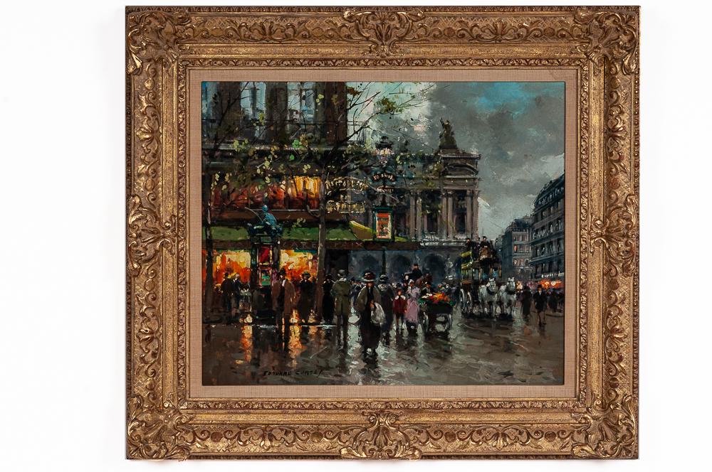 AFTER EDOUARD CORTES: "PARISIAN STREET SCENE": oil on canvas signed lower left and stamped verso Provenance: The Estate of Jo-Ann & David Shore 18 x 21 1/2 inches