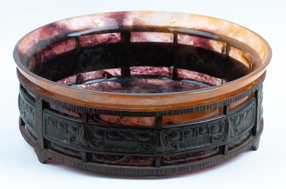 LOUIS MAJORELLE: ART GLASS & IRON CENTERPIECE: signed Majorelle, made in France Provenance: the Estate of Jo-Ann & David Shore 16 inches diameter; 5 3/4 inches high