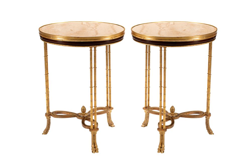 PAIR OF NEOCLASSIC-STYLE GILT BRONZE & MARBLE GUERIDONS: 21 1/2 inches diameter; 29 1/4 inches high