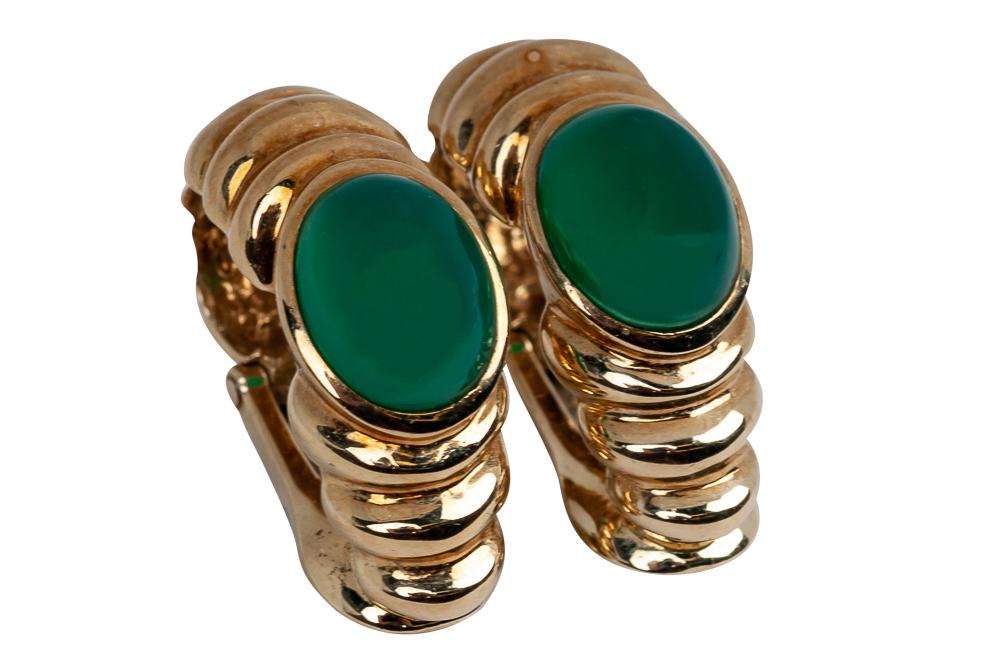 PAIR OF VAN CLEEF & ARPELS 18 KARAT GOLD & CHRYSOPRASE: containing two very well matched oval cabochon cut natural chrysoprases weighing approx. 2.21 and 2.30 carats 14.4 grams
