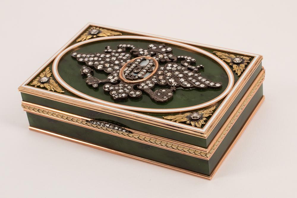RUSSIAN NEPHRITE, DIAMOND & 14 KARAT ROSE GOLD BOX: in the style of Faberge 223 grams 3 3/4 inches wide