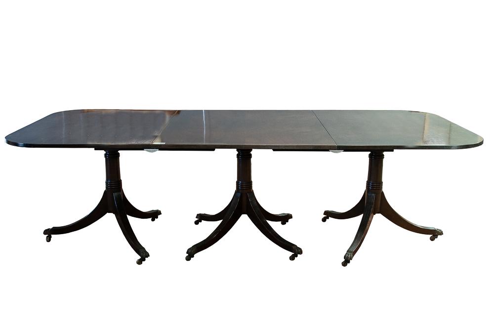 SHERATON STYLE MAHOGANY DINING TABLE: with two extensions 98 inches wide; 45 inches deep; 28 1/2 inches high