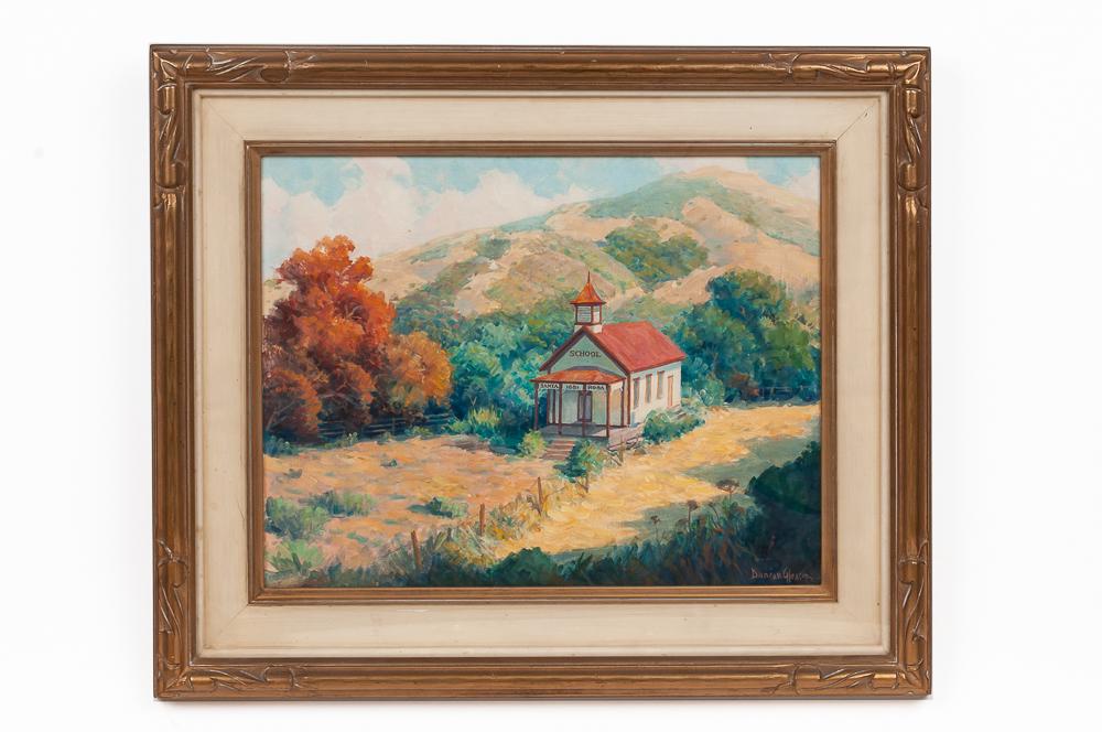 JOE DUNCAN GLEASON: "THE LITTLE SCHOOL HOUSE, CAMBRIA: oil on board signed lower right Provenance: The Kelton Collection, Marina del Rey 14 x 18 inches