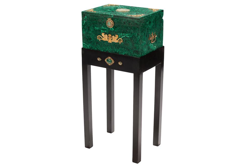 ORMOLU-MOUNTED MALACHITE BOX: resting on stand 11 5/8 inches wide; 15 5/8 inches deep; 9 inches high