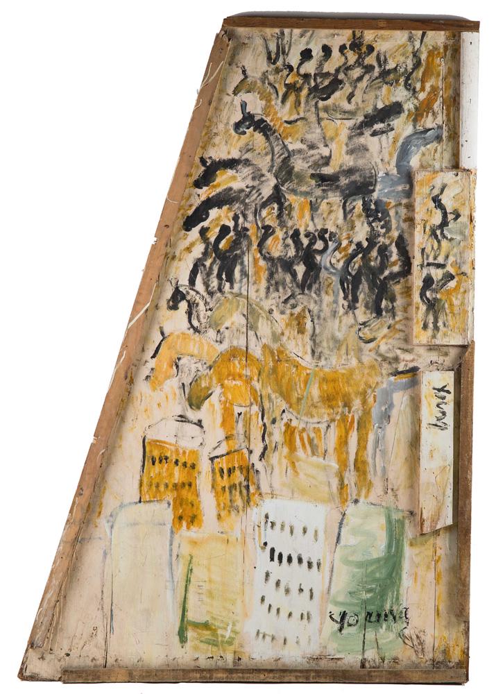 PURVIS YOUNG: "UNTITLED": mixed media on found wood signed 48 x 76 inches