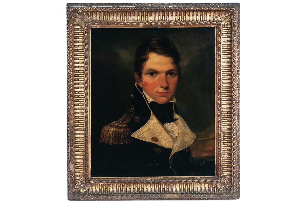 WILLIAM OWEN: "PORTRAIT OF LIEUTENANT EDWARD HUGHES": oil on canvas Provenance: The Estate of Mary Carlisle, Beverly Hills Canvas size is 24 x 20 inches, site view is 23 x 19 inches, total frame measurement is 30 x 27 inches approximately.