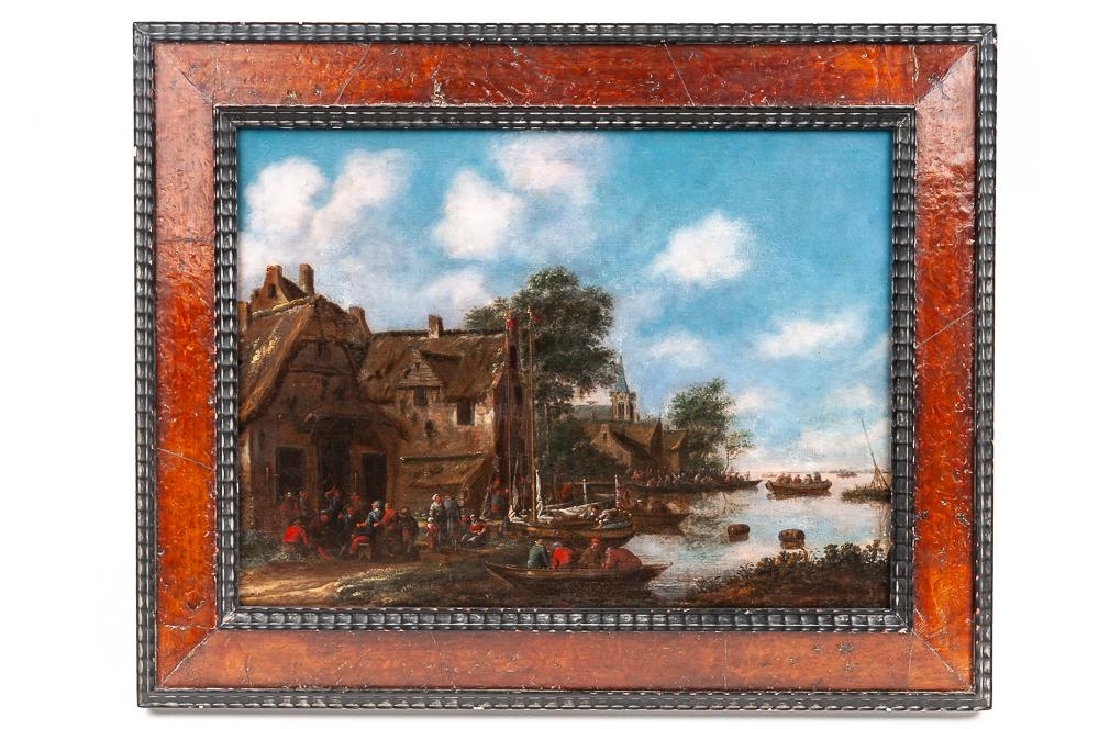 DUTCH SCHOOL: "BY THE SHORE": circa 1693 oil on canvas signed and dated lower left Provenance: The Estate of Jo-Ann and David Shore 15 1/4 x 20 1/2 inches
