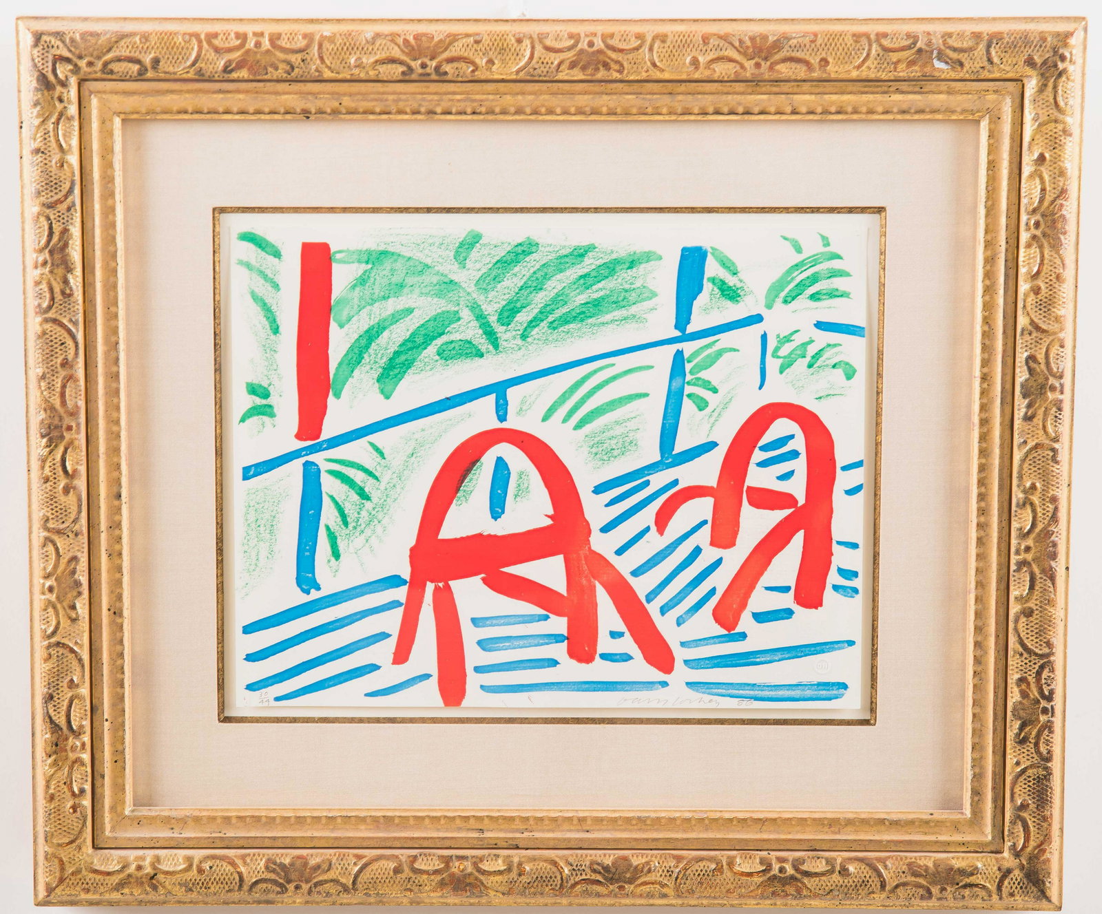 DAVID HOCKNEY: "TWO RED CHAIRS, MARCH 1984": circa 1986; M.C.A.T., 298 print in four colors signed and numbered 30/44 8 1/2 x 10 3/4 inches