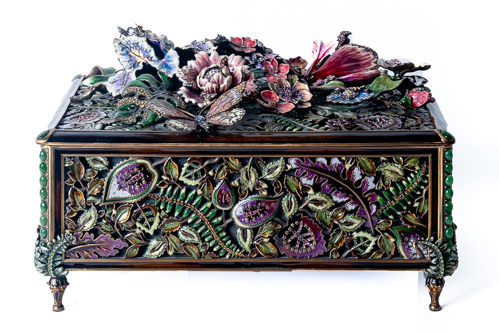 JAY STRONGWATER ENAMELED COFFERETTE: Genevieve chest purchased from David Orgell, Beverly Hills, circa 2013 14 1/2 x 10 inches; 9 1/2 inches high